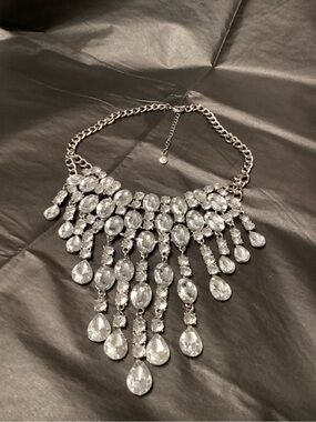 Crystal Teardrop Statement Necklace - Silver Tone